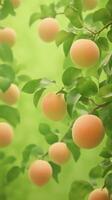 Green Orchard with Hanging Fruit and Leaves in Soft Focus Background, Captivating Nature Imagery, Calming and Serene Garden Scene with Fresh Vibes, Perfect for Seasonal Design Inspirations photo
