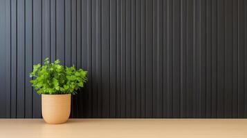 Modern Fluted Cabinet Texture with Vertical Grooves and Green Plant on Wooden Surface for Interior Design and Decoration photo