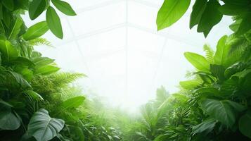 Greenhouse Dome with Lush Foliage Illuminated by Green Screen Light and Tropical Plants in a Bright Ecosystem Design photo