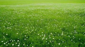 Expansive Green Field of Blooming White Chamomile Flowers Under Clear Sky, Capturing Tranquility and Natural Beauty for Spring Season Landscapes and Outdoors Enthusiasts photo