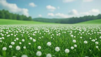 Lush Field of White Chamomile Flowers in Full Bloom with Green Meadow and Blue Sky in Spring Nature Landscape Scenery for Tranquil Beauty and Aromatherapy Concepts in Natural Settings photo