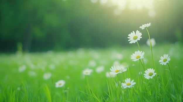 Lush Field of White Chamomile Flowers in Full Bloom Under Soft Sunlight with Vibrant Green Grass and Serenity Exemplifying Natural Beauty, Calmness, and Tranquility in Spring or Summer Setting photo