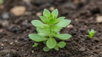 Delicate Young Plant Growing from Rich Soil Showcasing Nature's Renewal in Bright Sunlight and Soft Focus Background photo