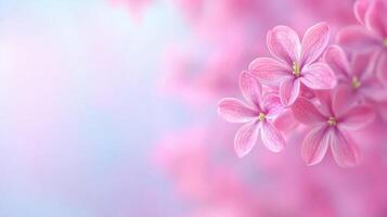 Close-up view of pink lilac flowers with delicate petals and soft focus background in pastel tones. Macro shot with copy space. Springtime floral beauty greeting card, poster, wallpaper invitation. photo