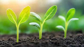 Seedlings Growing in Soil Highlighting Timelapse Stages of Sprout Germination and Early Plant Development in Nature with Sunlight and Green Vibrant Background for Gardening and Environmental Themes photo