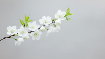 Spring Blossoms in Full Bloom Against a Clear Sky Featuring Delicate Petals and Fresh Green Leaves on a Branch Perfect for Nature Lovers and Spring Season Enthusiasts photo