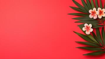 Tropical Floral Background with Palm Leaves and Plumeria on Vibrant Red for Summer and Exotic Themes photo