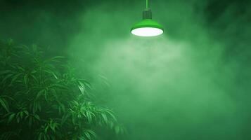 Green Ambient Scene With Weed Leaves And Modern Light Pendant In Vaporous Herbal Atmosphere Perfect For Relaxation And Cannabis-Themed Decor Photography Focusing On Greenery And Calm photo
