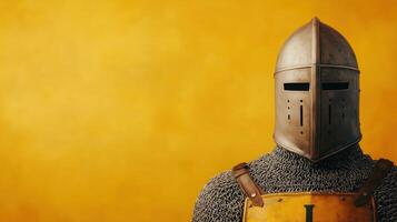 Medieval Knight Armor Against Vibrant Yellow Background Depicting Historical Warfare and Design Elements in a Dramatic Composition photo