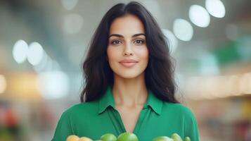 Modern Indian Woman in Casual Green Blouse Holding Lemons in Grocery Store with Ambient Lighting and Blurred Background photo