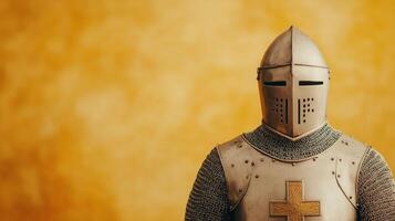 Medieval Knight in Armor Against Gold Background with Chainmail and Helmet Featuring Cross Motif, Reflecting Strength and History, Perfect for Historical and Fantasy Themes, Copy Space Included photo