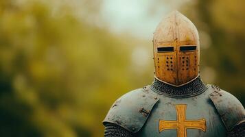 Medieval Knight Armor with Chainmail and Cross Symbol Reflecting Historical Warfare and Religious Elements in Vibrant Colors photo