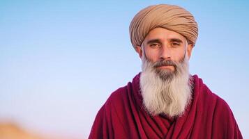 Traditional Muslim Man in Turban and Beard Against Clear Blue Sky in Warm Desert Light Portrait Photography photo
