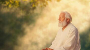 mayor hombre en oración sentado en esclarecedor Mañana ligero al aire libre con sereno expresiones y suave atención en tranquilo natural ajuste evocando espiritual calma y pacífico reflexión foto