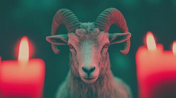Esoteric Goat Headed Figure in Candlelit Occult Setting with Red Candles in Dark Mysterious Atmosphere for Spiritual Rituals and Mythological Themes photo
