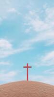 Redemption Concept with Red Cross on Hill Under Clear Blue Sky Symbolizing Spirituality, Faith, Hope, and Tranquility in Minimalistic Landscape for Inspirational and Reflective Visual Content photo
