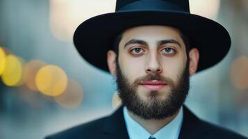 Orthodox Jewish Man in Traditional Attire with Black Hat and Beard Standing on City Street in Soft Focus Background with Bokeh Lights photo