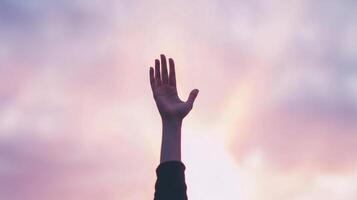 Silhouettes of Hands Raised in Worship with Light Rays and Soft Pastel Sky Background for Spiritual and Inspirational Themes in Serenity and Peaceful Contemplation Scene photo