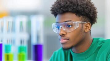 Young Man in Science Lab Wearing Safety Goggles with Colorful Test Tubes in Background for Education and Research photo