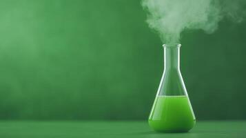 Green Laboratory Flask with Vapor in Ink Atelier Setting on Green Background Highlighting Creative Chemistry and Artistic Concepts photo