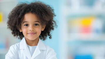 Young Child in Lab Coat Smiling Brightly, Diverse Representation in Education and Science, Encouraging inclusivity and Cognitive Development, Inspiring Future Scientists and Innovations photo