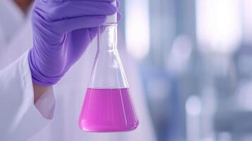 Scientist in Laboratory Holding Flask With Vibrant Pink Liquid for Chemical Experiment or Research in Modern Science Facility With Advanced Equipment and Glassware, Innovation in Biochemistry photo