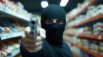 Armed Robber in Black Mask Holding Gun in Grocery Store Aisle During Heist Event Capturing Criminal Intent in Action with Focus on Menacing Expression and Imminent Threat Posed to Shoppers photo