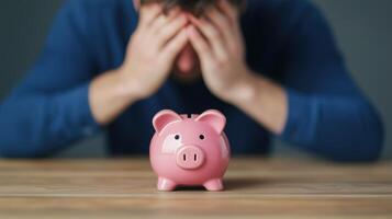 Financial Stress Concept with Man Holding Head in Front of Empty Piggy Bank for Economic Hardship and Personal Finance Challenges Illustration on Wooden Table Background photo