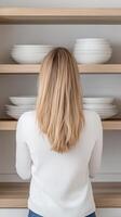 Woman Organizing Kitchen Cabinets Shelving Dishes Efficiently for Modern Home Storage Solution in Bright White Minimalist Design with Natural Light Focused on Order and Neatness photo