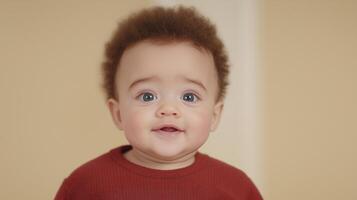 Adorable Baby With Curly Hair Smiling Indoors in a Warm Red Outfit Surrounded by Soft Light and Loving Expression Showing Joy and Innocence Perfect for Parenting or Family-Themed Concepts photo