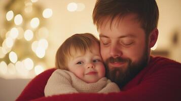 Heartfelt Moment of Father with Child, Cozy Christmas Setting, Warm Embrace, Love and Connection in Holiday Atmosphere, Gentle Fatherhood, Tender Bond, Festive Background photo