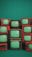 Retro Television Display With Stacked Vintage TVs Showing Green Screens in Vibrant Green Backdrop Highlighting Mid-Century Design and Nostalgia for Stylish Vintage Interior Decoration photo