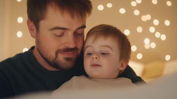 Heartfelt Bond Between Father with Down Syndrome and Child in Warm Lighting, Expressing Family Love and Connection photo