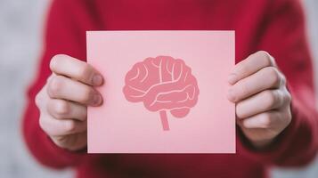 Cognitive Disability Concept with Hands Holding Pink Brain Illustration on Paper Reflecting Awareness and Support for Mental Health and Neurodiversity photo