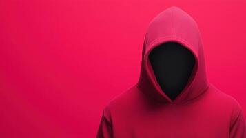 Mysterious Hooded Figure Representing Cybersecurity and Cybercrime Concepts in Red Hoodie on Solid Red Background photo