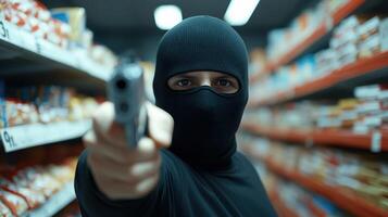 A man in a black mask holding a gun in a supermarket photo