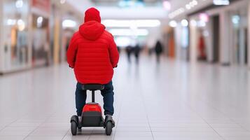 Mobility Scooter User in Red Jacket Traveling Through Indoor Shopping Mall Aisle, Blurred Background, Back View, Daytime Setting, Focus on Accessibility and Independence Concept photo