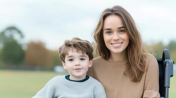 Happy Mother and Son Cerebral Palsy Enjoying Outdoor Bonding Time in a Peaceful Park Setting During Autumn, Expressing Love, Joy, and Family Togetherness for Inclusive Lifestyle Imagery photo
