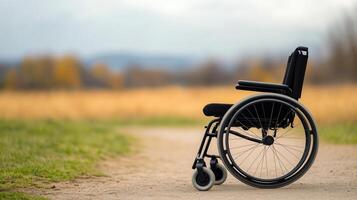 Wheelchair on Rural Pathway Surrounded by Autumn Landscape Emphasizing Accessibility and Tranquility with Vibrant Color Palette for Empowering and Inspirational Design Themes photo