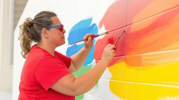 Artist With Disability Painting Colorful Wall in Bright Studio with Red Glasses Expressing Creativity and Passion Through Art in Modern Inspirational Setting photo