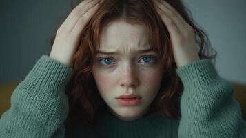 Young Woman with Red Hair in Green Sweater Looking Distressed and Concerned with Hands on Head in Emotional Portrait photo