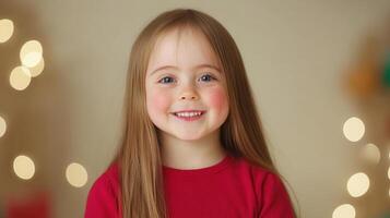 Down syndrome Happy Child Girl. Portrait of Smiling Preschooler With Long Hair and Red Sweater in Soft Bokeh Background, Capturing Joyful Expression and Warm Atmosphere, Child-Focused Emotional Themes photo