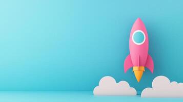 Rocket Made From Office Supplies on Blue Background Inspiration Creativity Business Start-Up Concept Art with Pink and Yellow Colors and Cloud Elements for Fun and Vibrant Office Decor photo