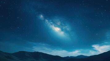 Starry night sky with a glowing Milky Way over a silhouette of mountains Cosmic scene capturing the vastness of space and natural nighttime beauty photo