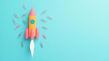 Creative Flat Lay of Rocket Made of Office Supplies with Paperclips on Vibrant Blue Background, Symbolizing Innovation and Creative Concept, Ideal for Business and Education Themes photo