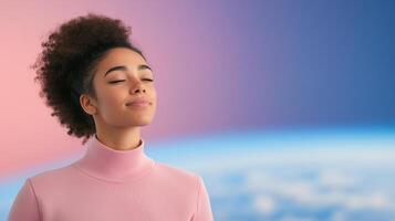 Female Astronaut Gazing at Earth from Space Wearing Pink Turtleneck, Contemplative Expression Against Blue and Pink Backdrop, Atmospheric Perspective, Personal Reflection Space Exploration photo