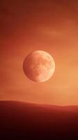 Mars Rover Traveling Across Rocky Red Planet Surface with Large Moon in Background Capturing Exploration and Discovery of Martian Terrain in Space Setting Under Orange Sky photo