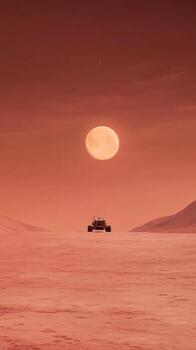 Mars Rover Exploring Expansive Red Planet Surface Under Full Moon with Dramatic Sky, Ideal for Science Fiction Themes, Space Exploration Concepts, and Futuristic Travel Inspirations photo