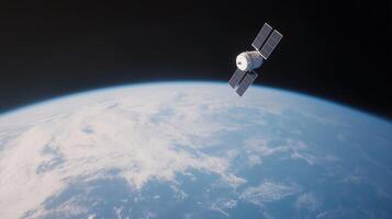 High Resolution Satellite Image of Earth Showing Spacecraft Orbiting Above Blue Atmosphere Capturing Space Exploration and Technology with Stunning Global View from Outer Space photo