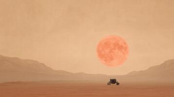 Mars Rover Exploring Alien Terrain with Large Red Planet in Desert Landscape Under Dusty Sky Capturing Space Exploration and Scientific Discoveries on a Distant Planetary Surface photo